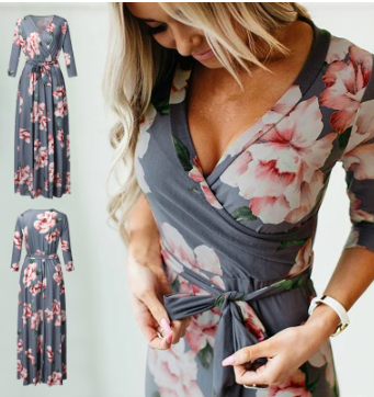 Printed sexy V-neck dress