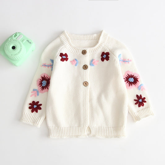 Embroidered Chain Link Knit Cardigan Button Sweater