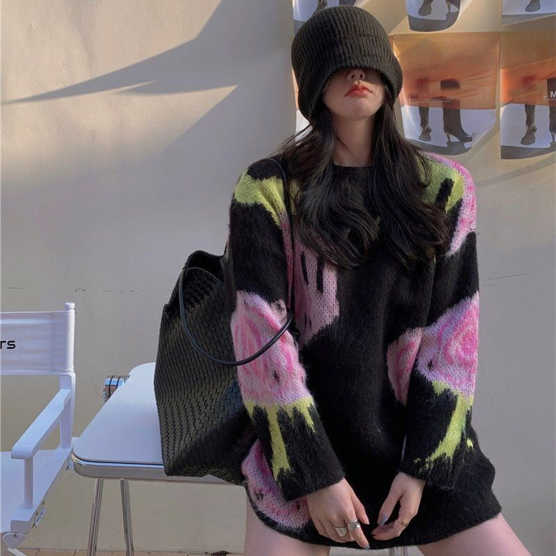 Loose Autumn Casual Pullover Women Pink Flower Black Sweater Long Sleeve O-Neck Fashion Hit Colar Knitted Tops Crochet