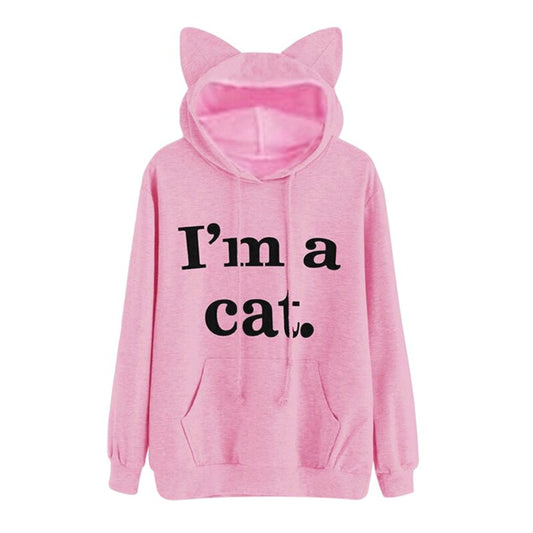 Harajuku Kawaii Cat Ear Cap Hoodies Women I AM A CAT Printed Hooded Sweatshirts Pink Top Cute Long Sleeve Loose Pullover Moletom