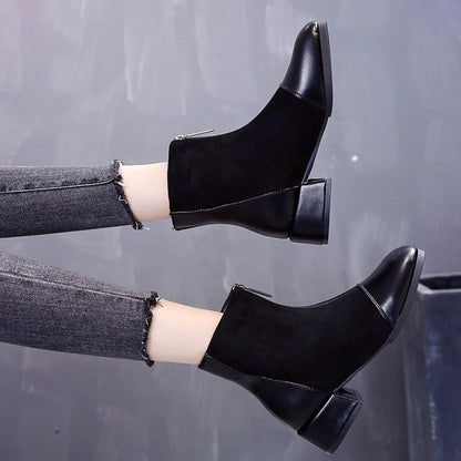 Short front zipper chunky heel suede mid-heel square toe boots