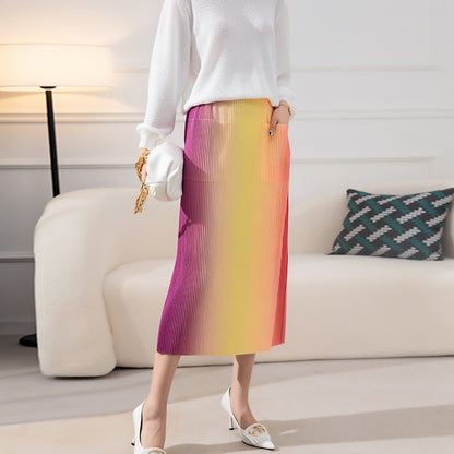 Gradient Printed Skirt For Women High Elastic Waist Contrast Color Spliced Pocket Skirts Female Clothes 2023 New