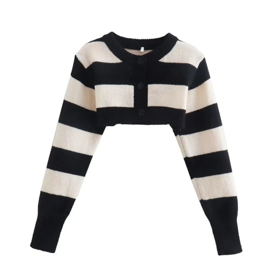 Women Black White Striped Knitted Sweater Summer Female Long Sleeve Pullover Casual Lady Crop Tops