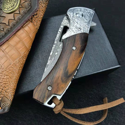 Floral Damascus Steel Cowhide Carved Holster Outdoor