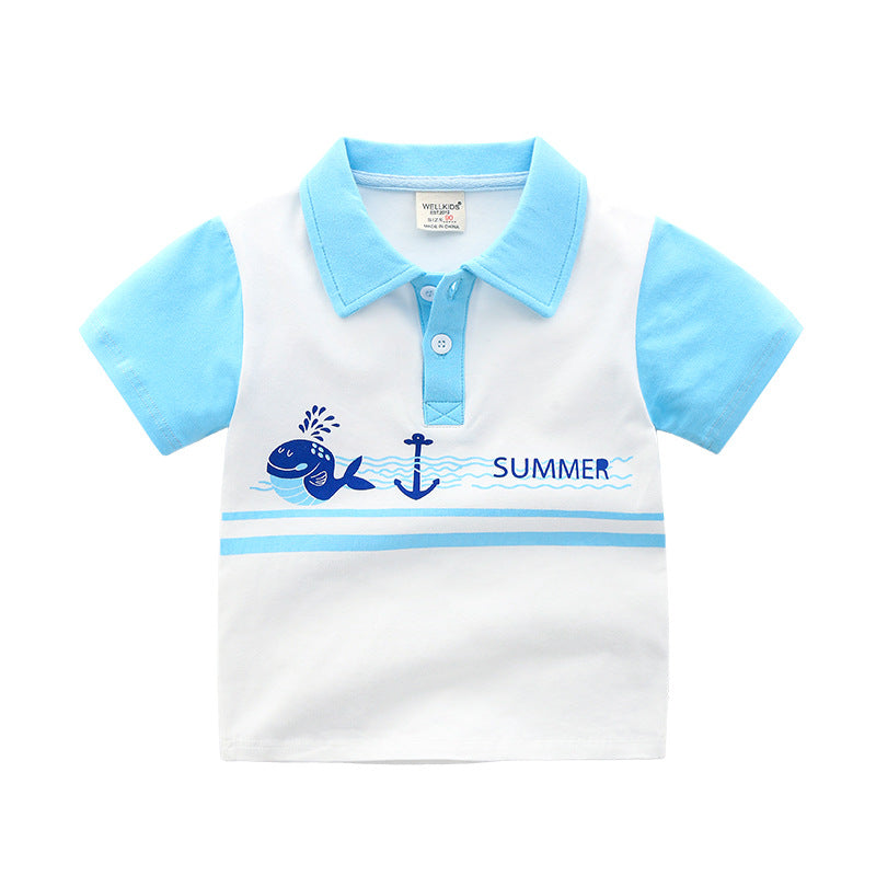 Stitching Color Fashion Cute Lapel Boy Short Sleeve