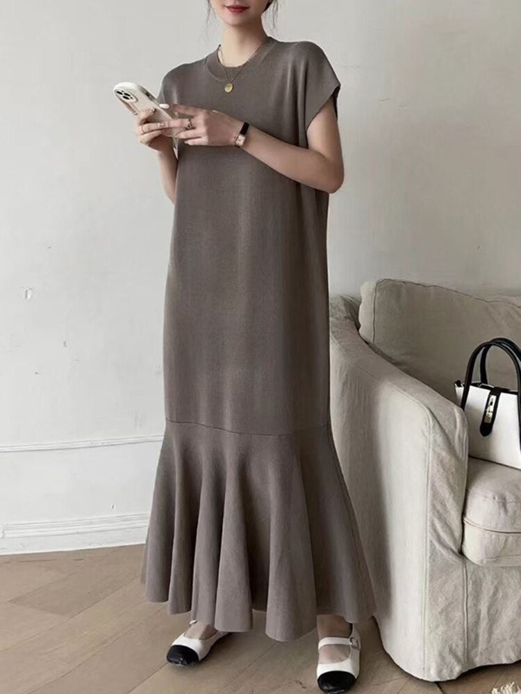 [EWQ] Women Fashion Trumpet Knit Dress O-neck Loose Causal Knitting Short Sleeve Dresses Summer New Tide Vestidos 16Y9116