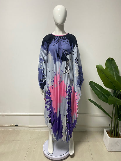 Miyake Pleated Dress Designer Printed Round Neck Batwing Sleeves High End Holiday Dresses for Women