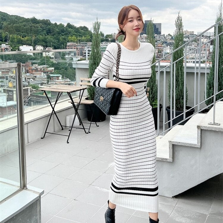 Korean Slim Striped Knitted Sweater Dress Women Full Sleeve O-neck Pencil Long Maxi Dresses Casual Elegant Chic Ladies Vestidos