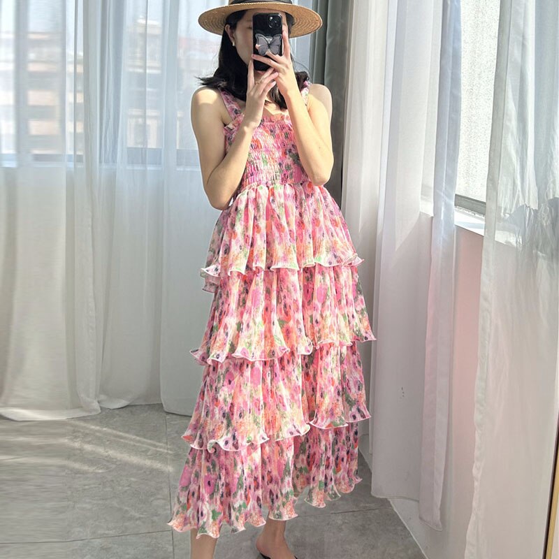 OFF fashion chic ruffles layer high waist stretch spaghetti strap midi long dresses for women holiday beach festival party robes