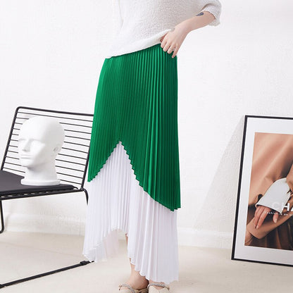 Patchwork Pleated Skirts Women Stitching Color Elastic Waist Irregular Color Block Loose Skirts