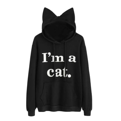 Harajuku Kawaii Cat Ear Cap Hoodies Women I AM A CAT Printed Hooded Sweatshirts Pink Top Cute Long Sleeve Loose Pullover Moletom