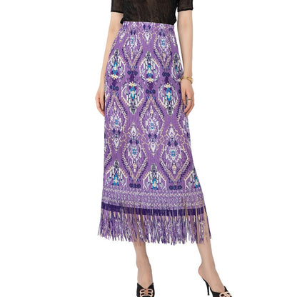 Miyake Tassel Printed Skirt Women's New Fashion Temperament Versatile Large Size Elastic Waist High-end Long A-line Skirt