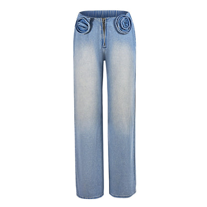 Women's Autumn Loose Zip Three-dimensional Decoration Jeans