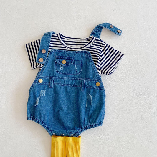 Two-piece Baby Suit In Cotton Denim Suspenders Striped T-shirt