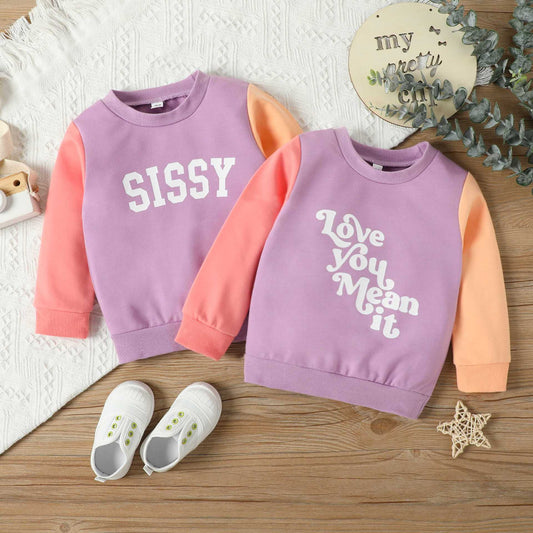 Girls Colorblock Sweater Sisters Letter Long Sleeve Top