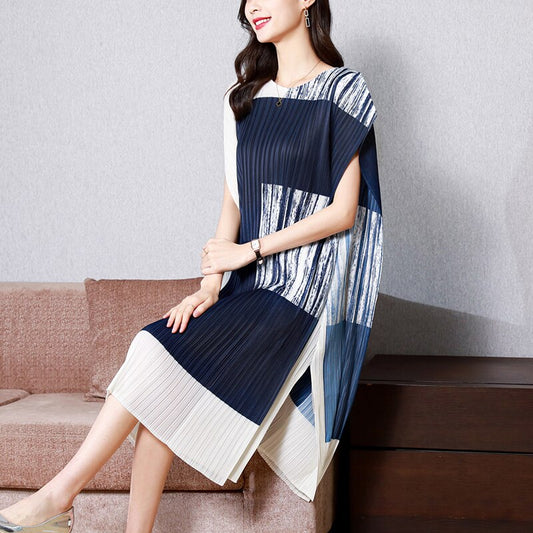 Print Loose Knee Length Dress Women Summer Round Neck Elegant Casual Split Dresses for Female New Clothes