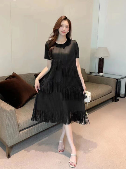 Miyake Pleated Women's Dress Loose Round Neck Fringed Pearl Casual Vestido New for Summer