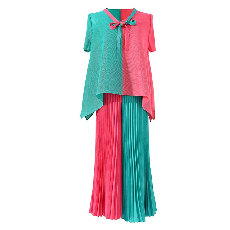 Pleated Suit Women's Fashion Two-piece Summer New Color Bump Loose Large Yard Tops Elastic Waist Wide Leg Pants