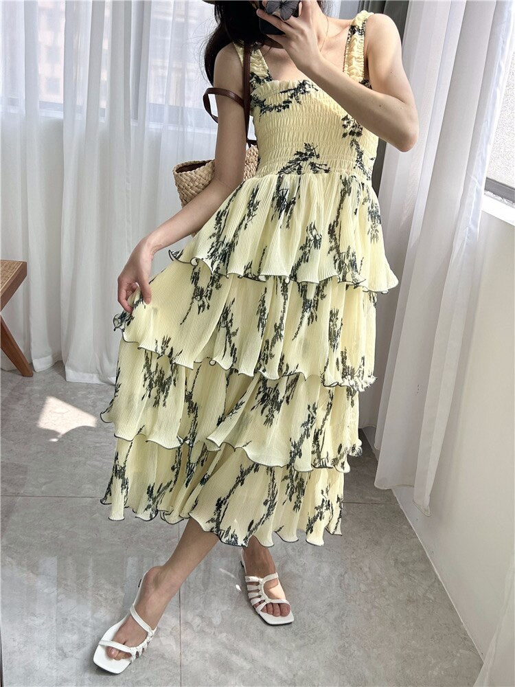 OFF fashion chic ruffles layer high waist stretch spaghetti strap midi long dresses for women holiday beach festival party robes