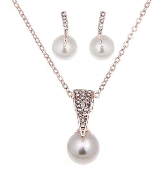 Bride Rhinestone Pearl Earrings Necklace Set Banquet Dress Jewelry