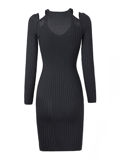 Solid Slimming Knitting Dresses For Women Halter Collar Long Sleeve High Waist Spliced Metal Buckle A Line Midi Dress Female