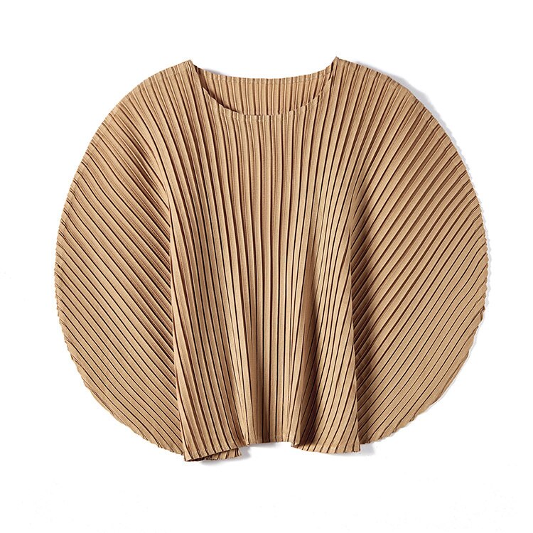 Pleated Two Piece Set For Women Round Collar Batwing Sleeve Solid Color Tops Elastic Waist Skirt