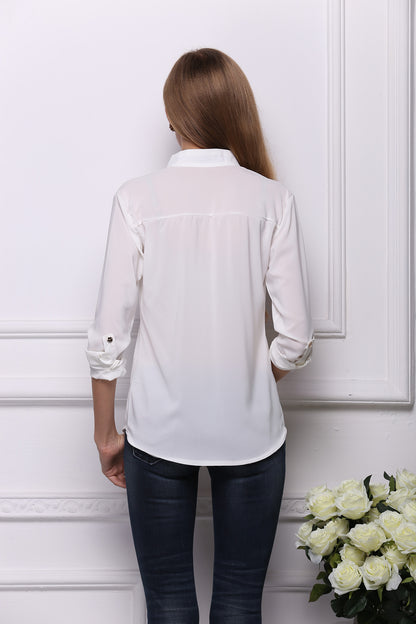 USA SIZE Casual pocket large size sunscreen bottoming shirt loose stand collar long sleeve chiffon shirt white shirt