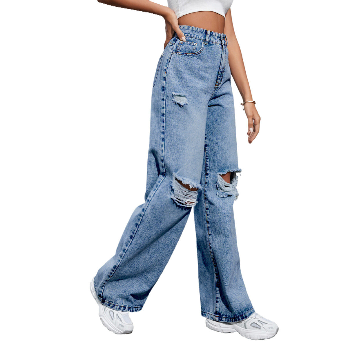 Women's Fashion Holes High Waist Casual Denim Trousers