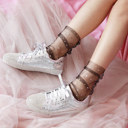 Very beautiful star socks spring and summer thin transparent pentagonal star sequins lace pile socks Korean screen socks