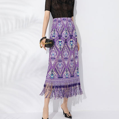 Miyake Tassel Printed Skirt Women's New Fashion Temperament Versatile Large Size Elastic Waist High-end Long A-line Skirt