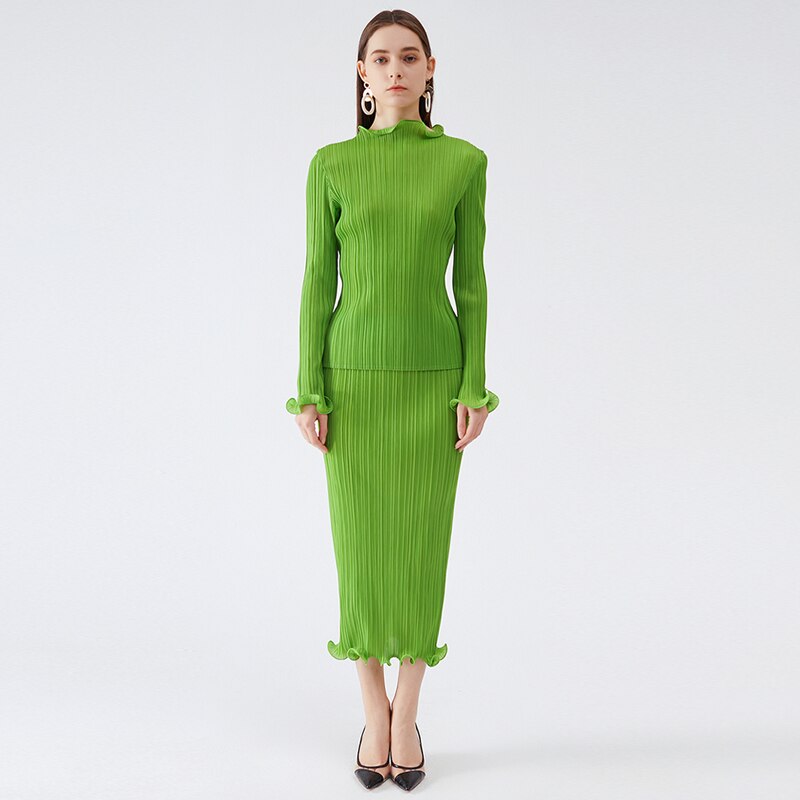 Miyake Pleated  Spring Autumn Green Skirt Two piece Sets Elegant Casual Designer Clothes