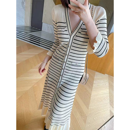 Spring/Summer New French Lazy Stripe Knitted Dress V-Neck Slim Fit Mid length Dress