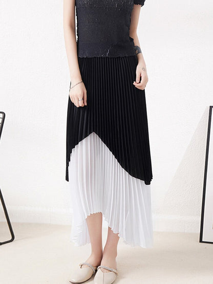 Patchwork Pleated Skirts Women Stitching Color Elastic Waist Irregular Color Block Loose Skirts