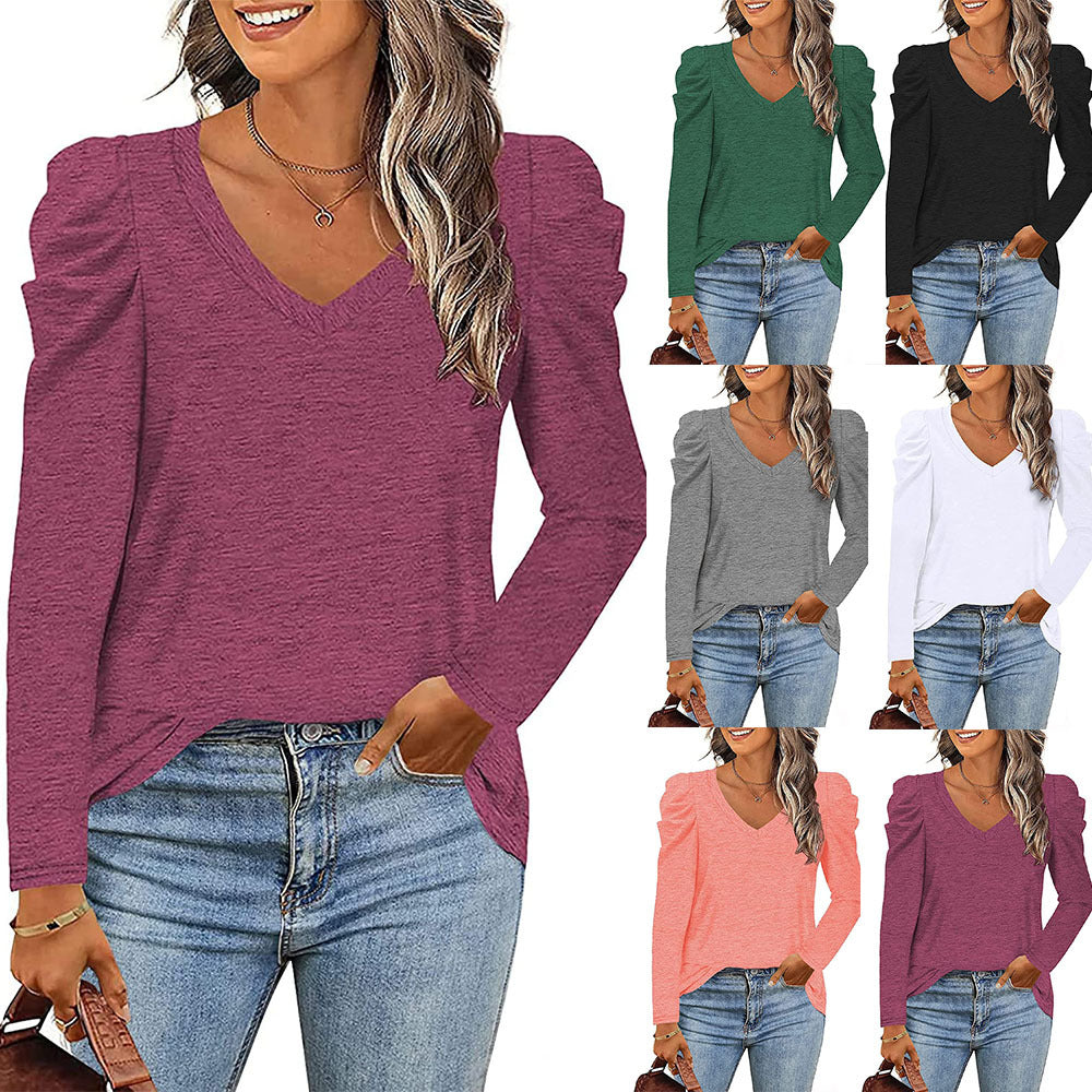 Loose Discounted Pleated Long Sleeve V-Neck T-Shirt Women