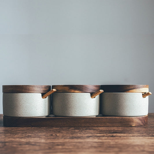 Vintage Seasoning Jar Suit With Wooden Lid Tray