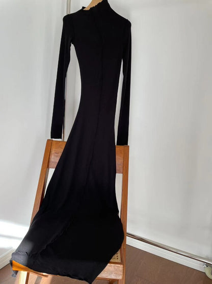 Spring/Autumn New Simple Niche Asymmetric Design Pleated Wave Edge Women Dress High Quality Casual Black Long Robe