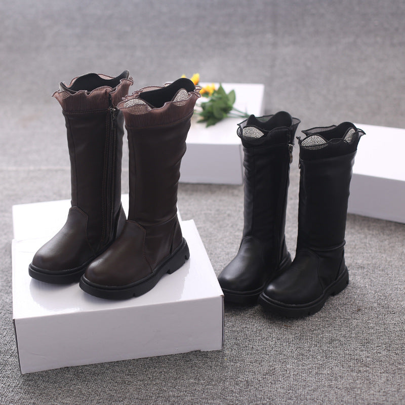 Two Cotton Long Tube Plus Cashmere Girls Children's Leather Boots