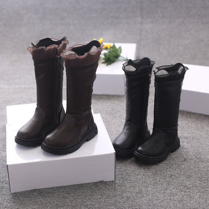 Two Cotton Long Tube Plus Cashmere Girls Children's Leather Boots