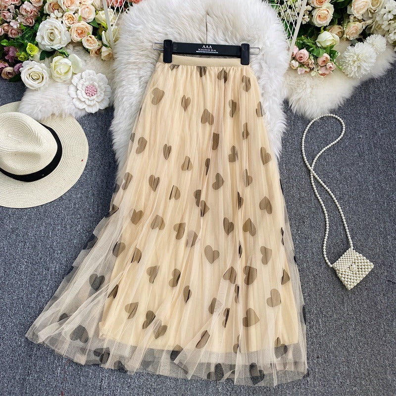 Elastic Waist Peach Heart Love Printed Mesh Pleated Skirt High Waist A-Line Large Swing Yarn Skirt Mid Length Half Length Skirt