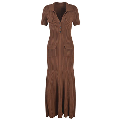 Summer Short Sleeve Maxi Long Brown Knitted Vinatge Women Dress High Quality