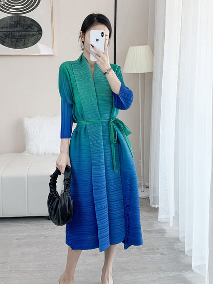 Women Gradient Pleated Dress V Neck Belt Spring Summer New Loose Patchwork Elegant Lady Casual