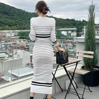 Korean Slim Striped Knitted Sweater Dress Women Full Sleeve O-neck Pencil Long Maxi Dresses Casual Elegant Chic Ladies Vestidos