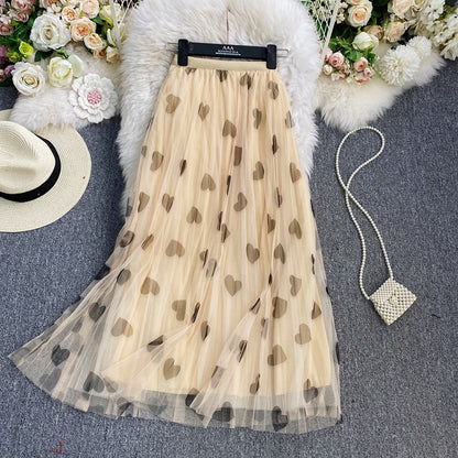 Elastic Waist Peach Heart Love Printed Mesh Pleated Skirt High Waist A-Line Large Swing Yarn Skirt Mid Length Half Length Skirt