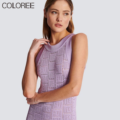 European High Quality Purple Knitted Dresses Women Luxury Designer Elegant O-neck Sleeveless Midi Summer Dress 2023