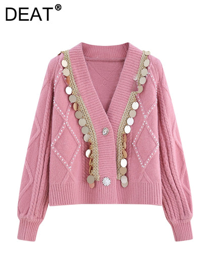 Knitting Pullovers Sweater Patchwork Rhinestone Loose Fit V neck Long Sleeve Women New Fashion Autumn