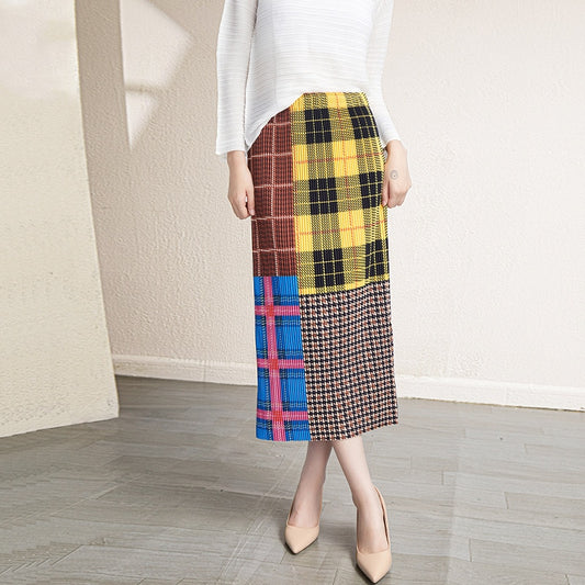 Autumn/Winter New Pleated High Quality Women Skirt Japanese Style Printing Plaid Thickening Slim Pencil Skirt Folds Pockets