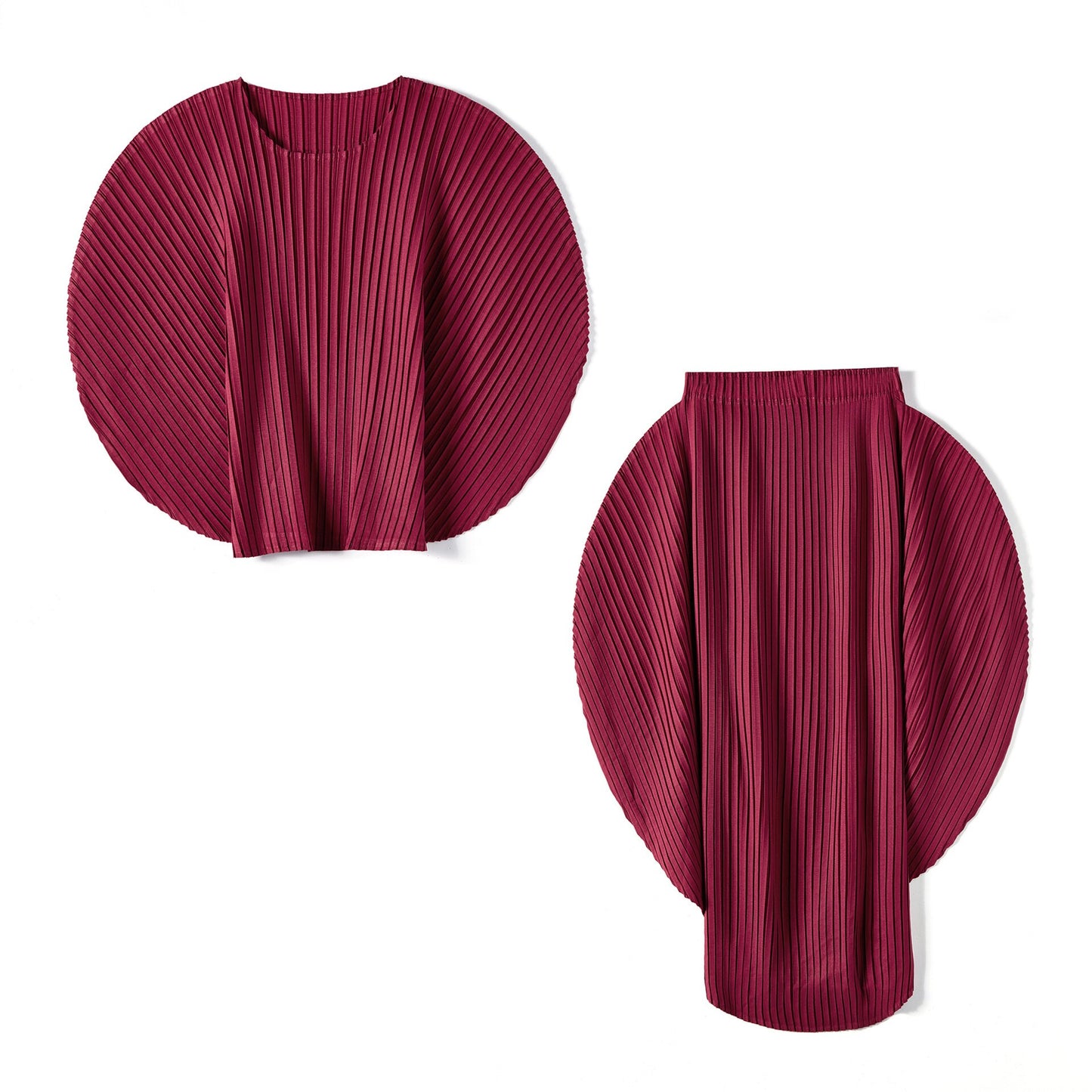 Pleated Two Piece Set For Women Round Collar Batwing Sleeve Solid Color Tops Elastic Waist Skirt