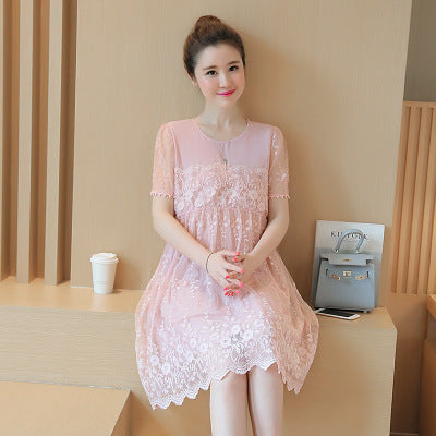 Summer new maternity dress Korean shirt lace crochet flower maternity dress long pregnant women dress