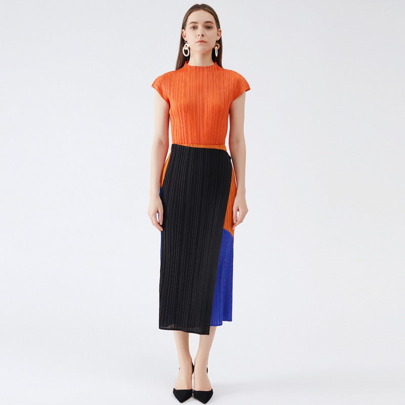 Pleated Skirts Autumn Hit Atchwork Color Long Skirt High Waist One Button Skirt Women Aesthetic Clothes