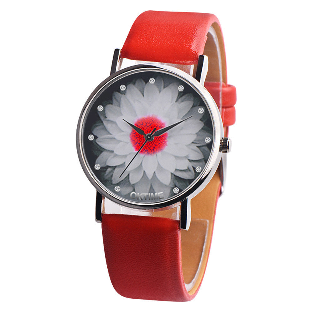 Water hibiscus lotus pattern leather female watch